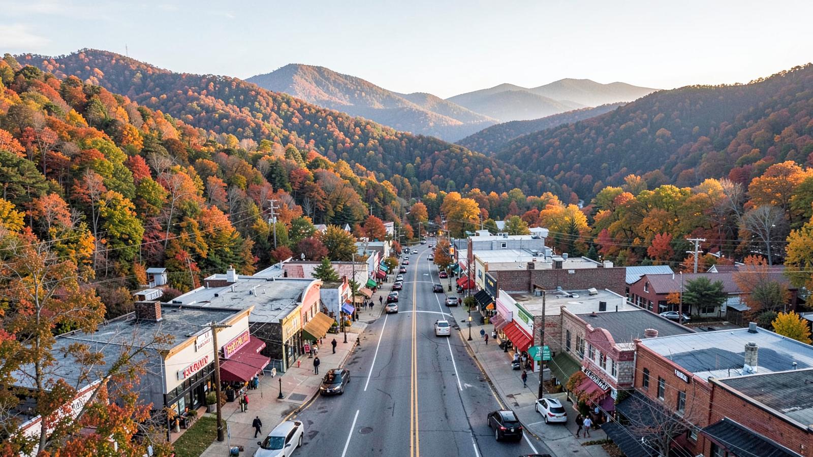 Aerial view of a north Georgia mountain town main street in autumn