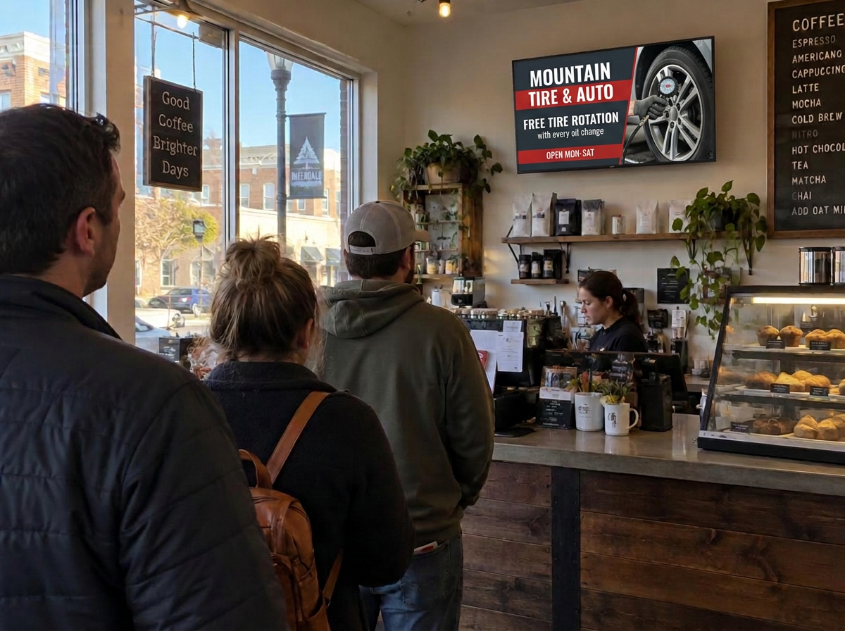 Hitlist Media ad screen in a cafes and coffee shops